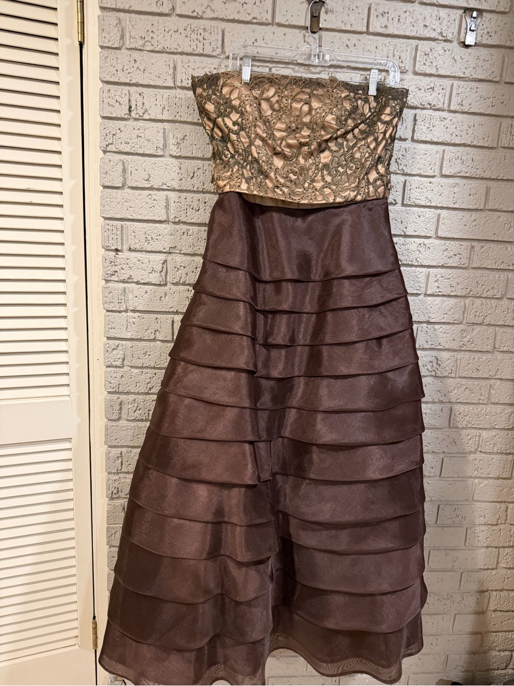 Montage by Mon Cheri Strapless  Lace Bodice Brown Formal Gown sz 12